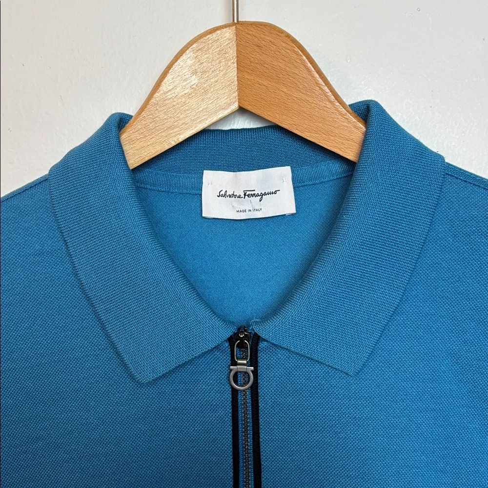 Salvatore Ferragamo Men's Large Zip-Up‎ Polo Shirt Blue Designer
